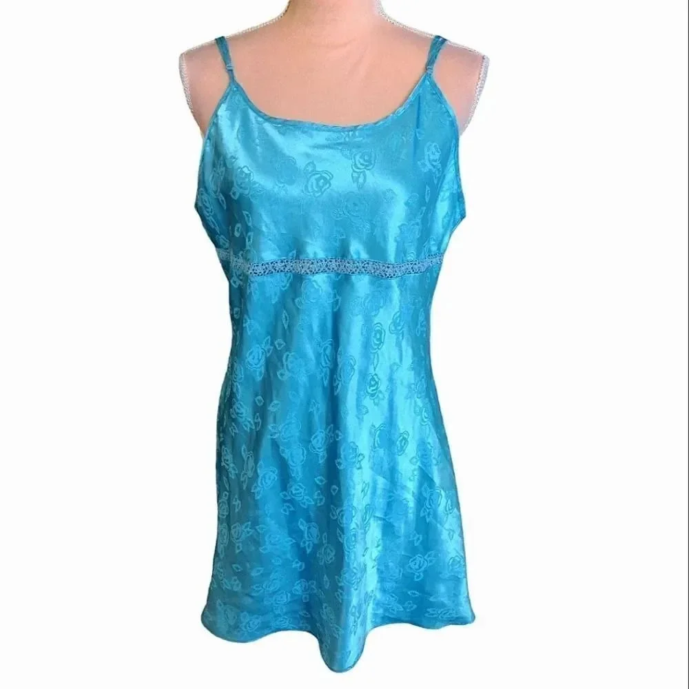 VTG 80s Teal Satin Floral Embroidered Detail Mini Slip Dress Chemise‎ XL Festie - Picture 7 of 14